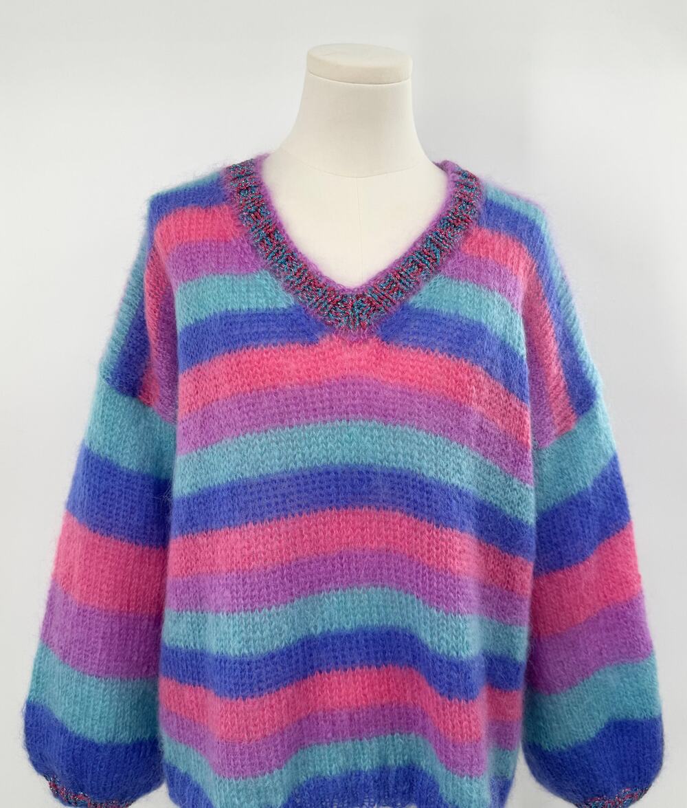 Rose Carmine Mohair Wool Stripe V-Neck Sweater Pink Blue Metallic Handmade S